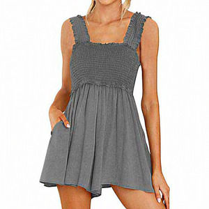 Women’s Summer Sleeveless Square Neck Ruffle Straps‎ Short Romper with Pockets